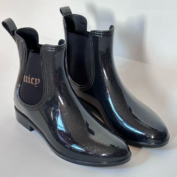 Juicy Couture Black Glitter Rain Boots | Chelsea Jelly Waterproof Size 8 - Picture 8 of 9